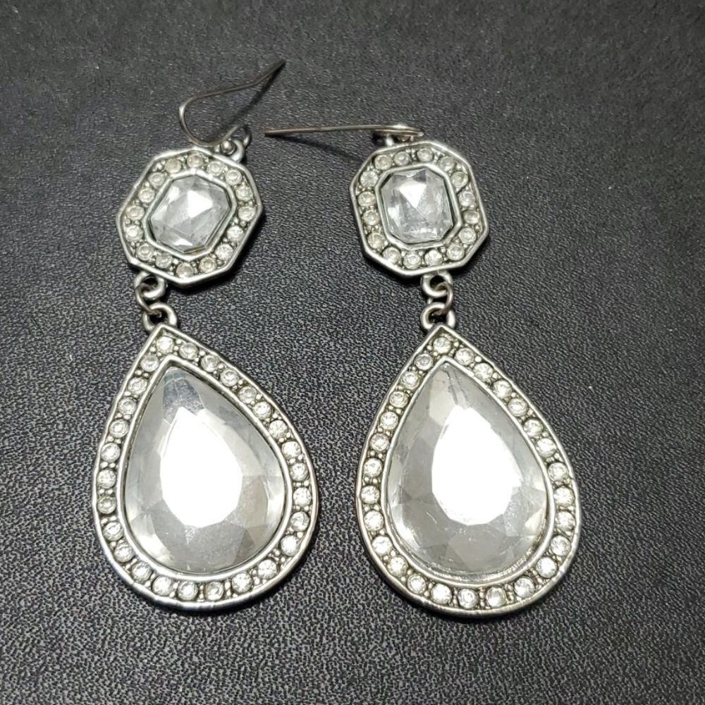 Silver tone sparkly rhinestone dangling earrings